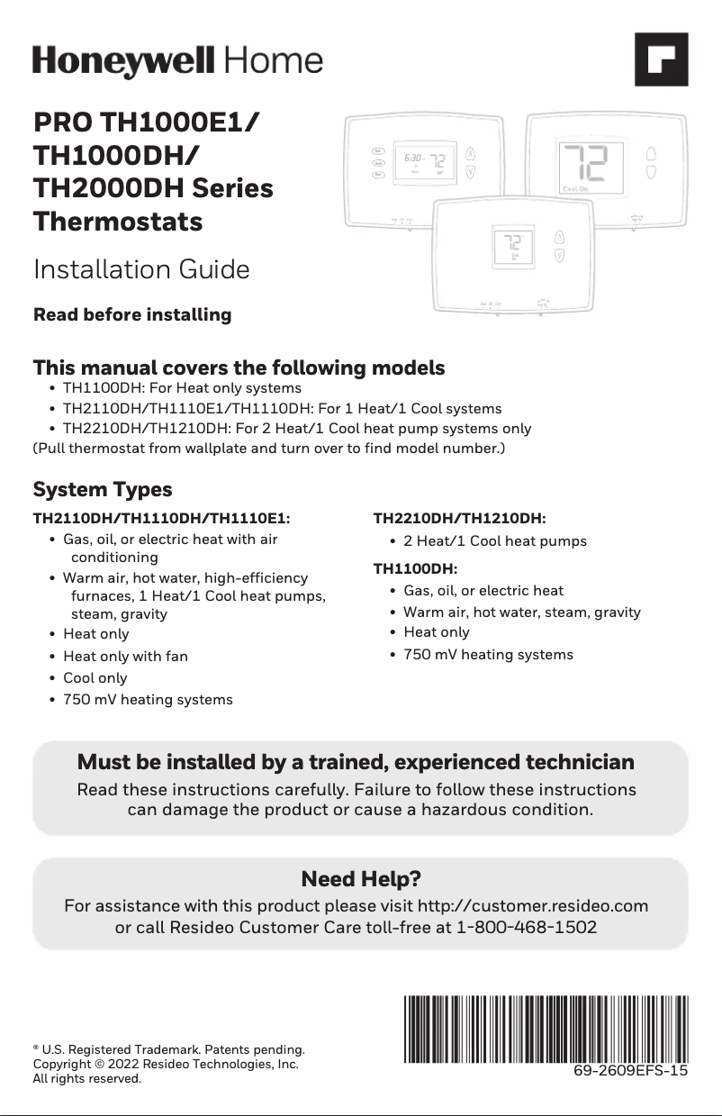 Page 1 de la notice Guide d'installation Honeywell TH2210DH1000/U