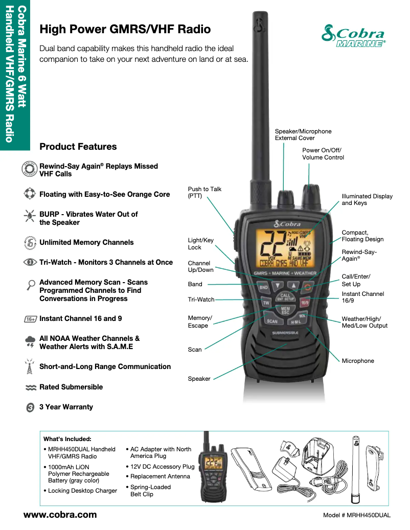 Página 1 del manual Ficha técnica Cobra MR HH450 DUAL