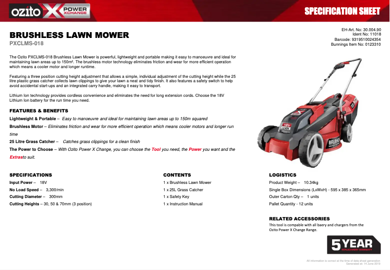 Page 1 de la notice Fiche technique Ozito PXCLMS-018