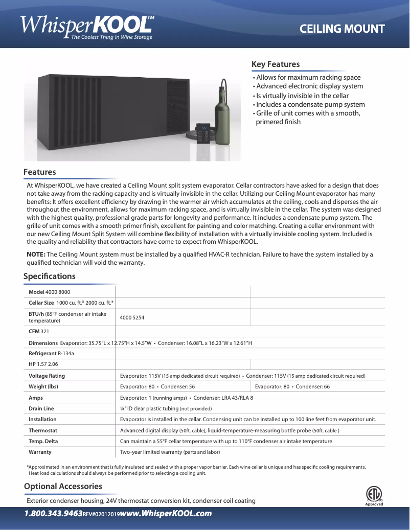 Page 1 de la notice Fiche technique WhisperKOOL S-WKCM8000-115-2