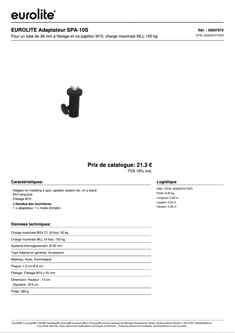 Page n°1 - Fiche technique Eurolite SPA-10S