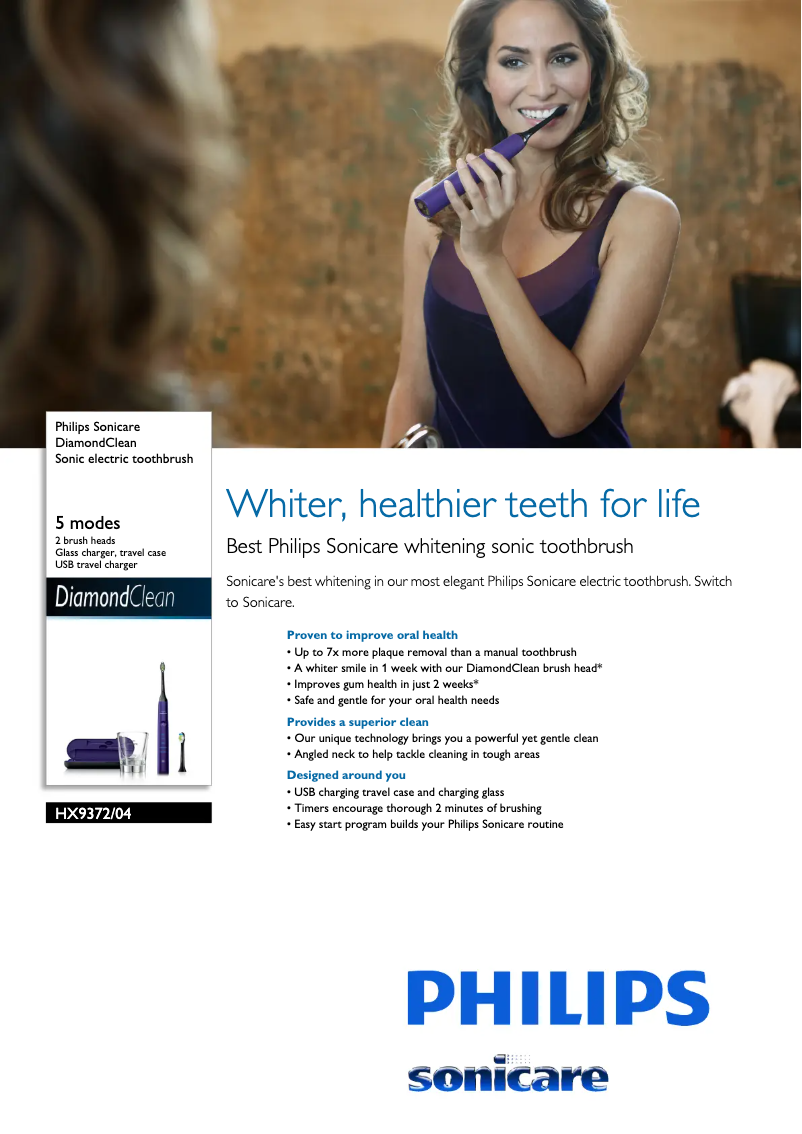 Page 1 de la notice Fiche technique Philips Sonicare DiamondClean HX9372