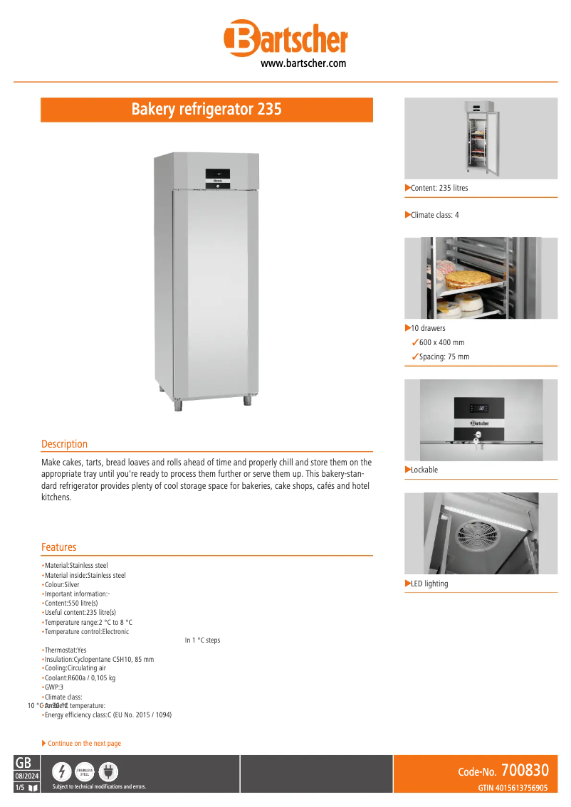 Page n°1 - Fiche technique Bartscher 700830