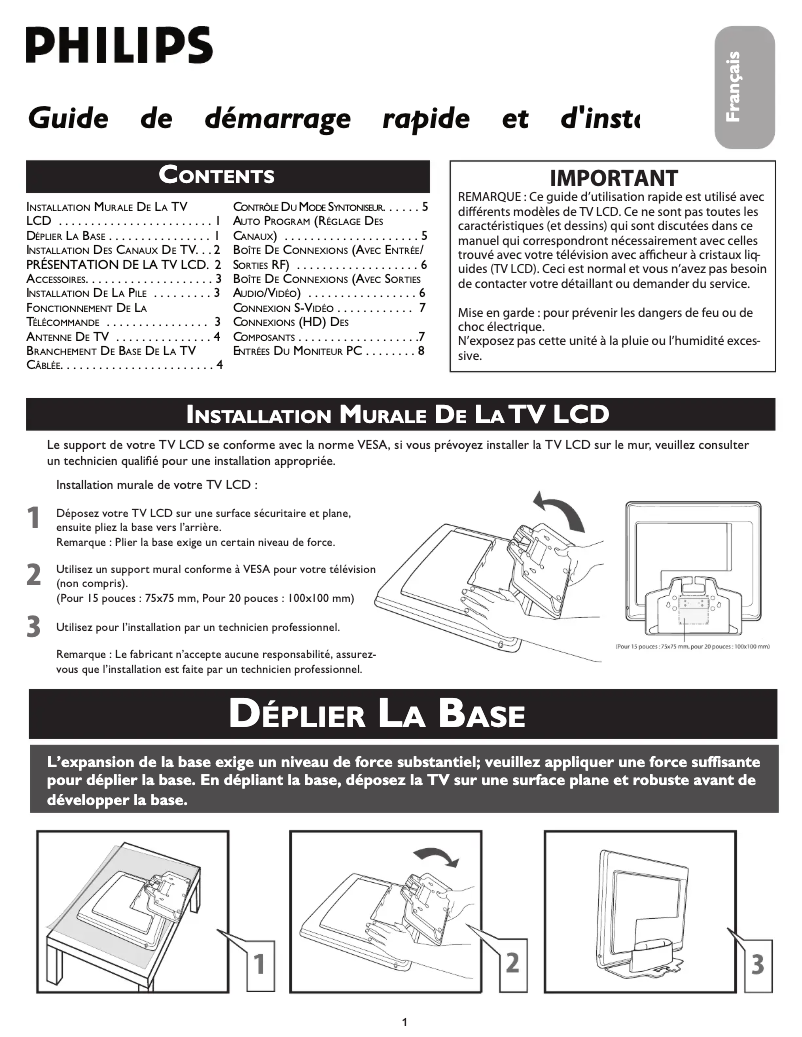Page 1 de la notice Guide de démarrage rapide Philips 15PF5120