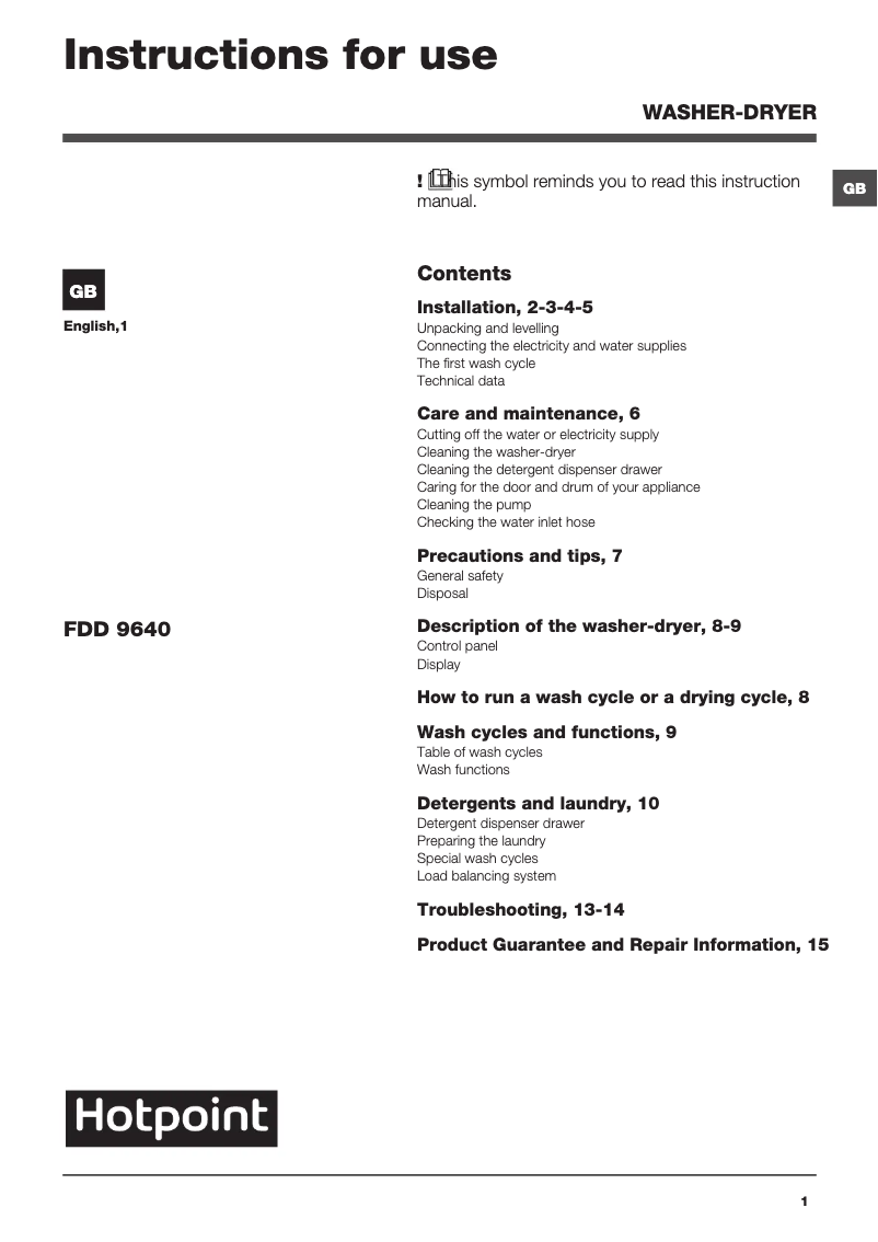 Page 1 de la notice Manuel utilisateur Hotpoint FDD 9640P UK