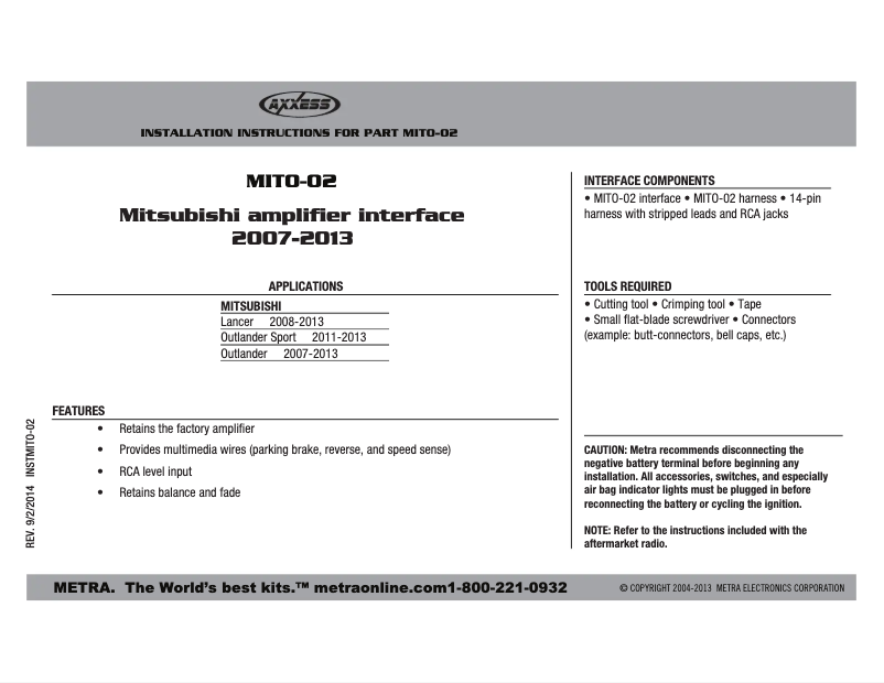 Page n°1 - Manuel utilisateur Metra MITO-02
