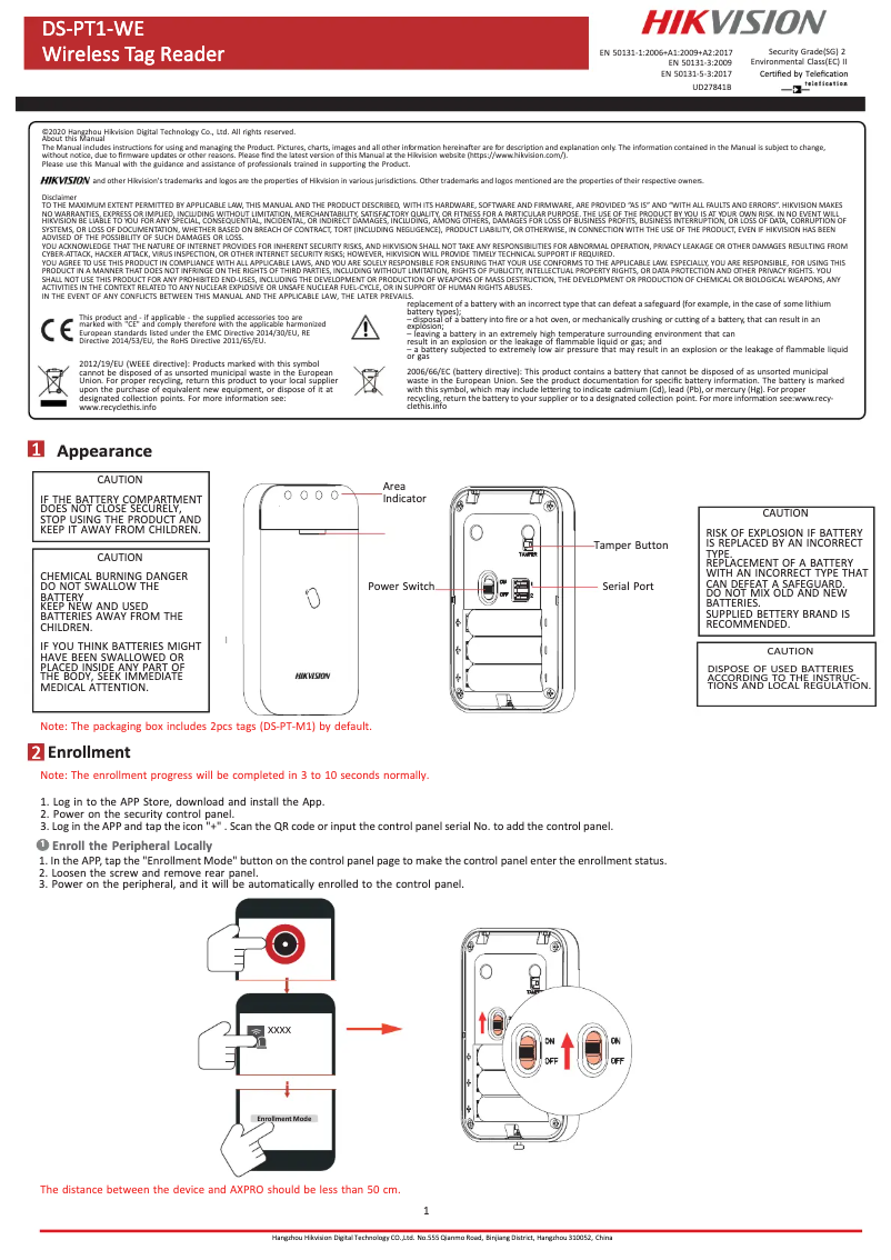 Page 1 de la notice Manuel utilisateur Hikvision DS-PT1-WE
