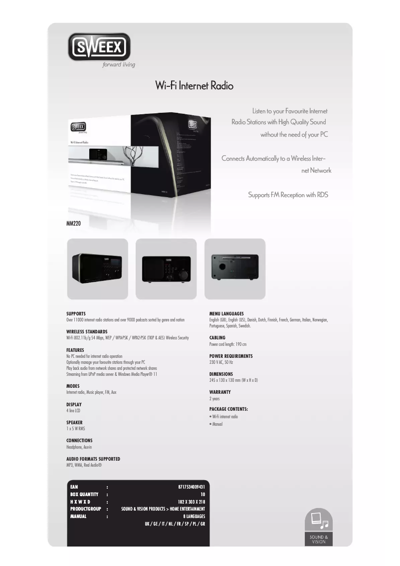 Page 1 de la notice Manuel utilisateur Sweex MM220