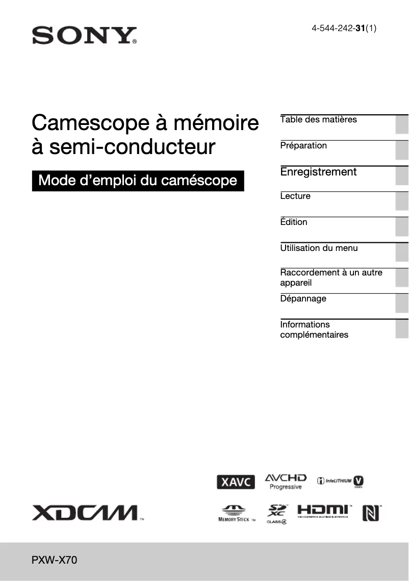 Image de la première page du manuel de l'appareil PXW-X70