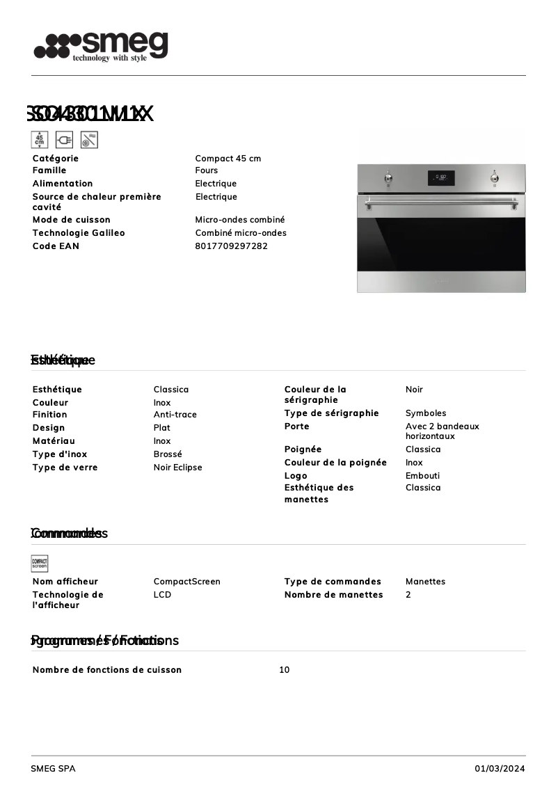 Page n°1 - Fiche technique Smeg SO4301M1X