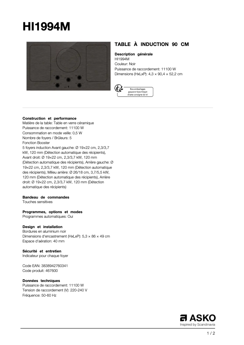 Page n°1 - Fiche technique Asko HI 1994 M