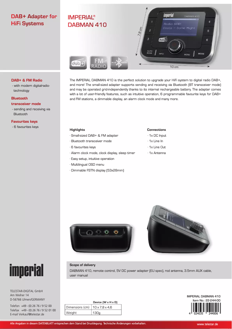 Page 1 de la notice Fiche technique Imperial DABMAN 410