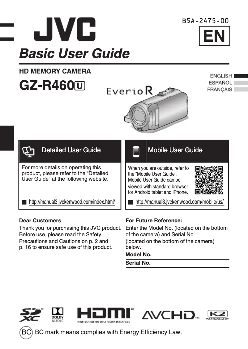 Page 1 de la notice Manuel utilisateur JVC Everio GZ-R460