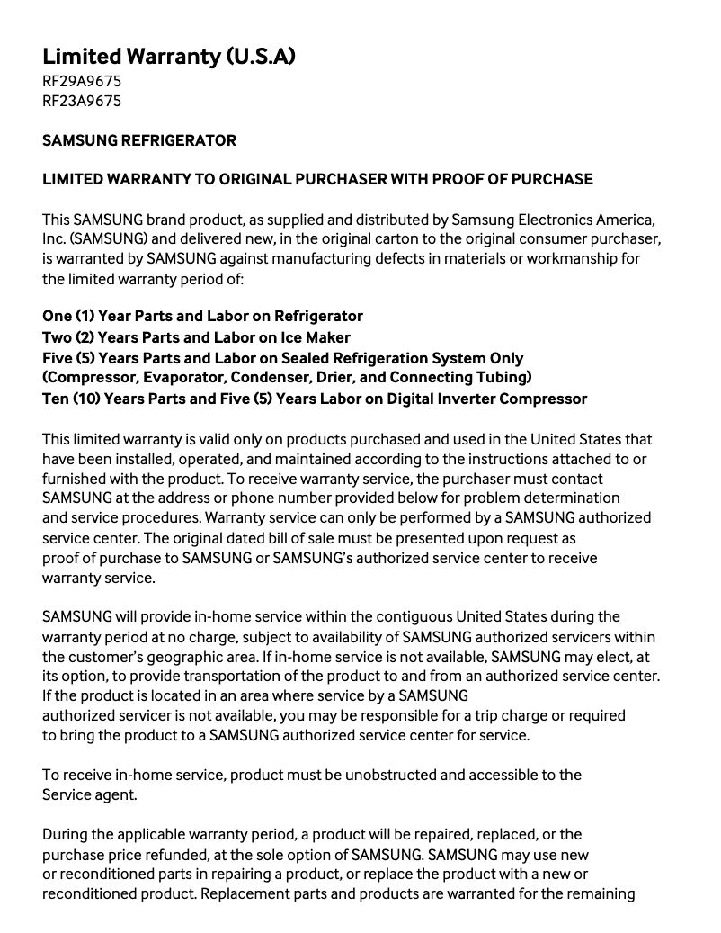 Page 1 de la notice Informations de garantie Samsung RF29A9675AP