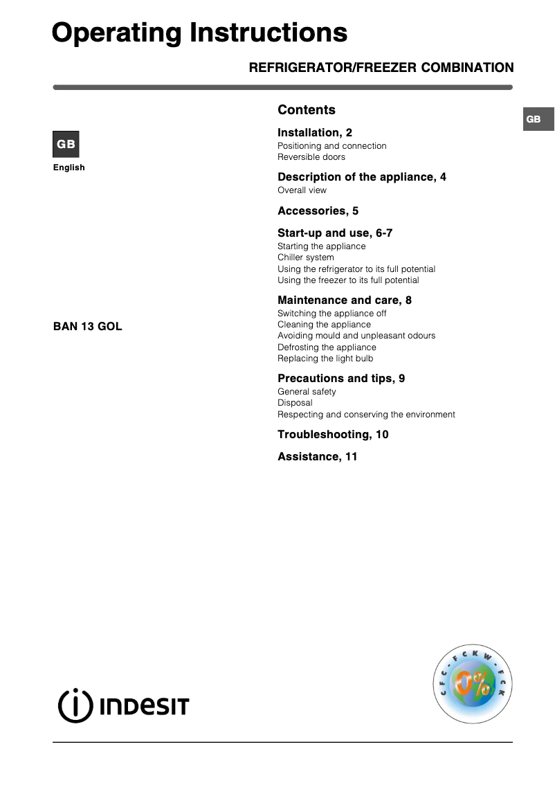 Page 1 de la notice Manuel utilisateur Indesit BAN 13 GOL (UK)