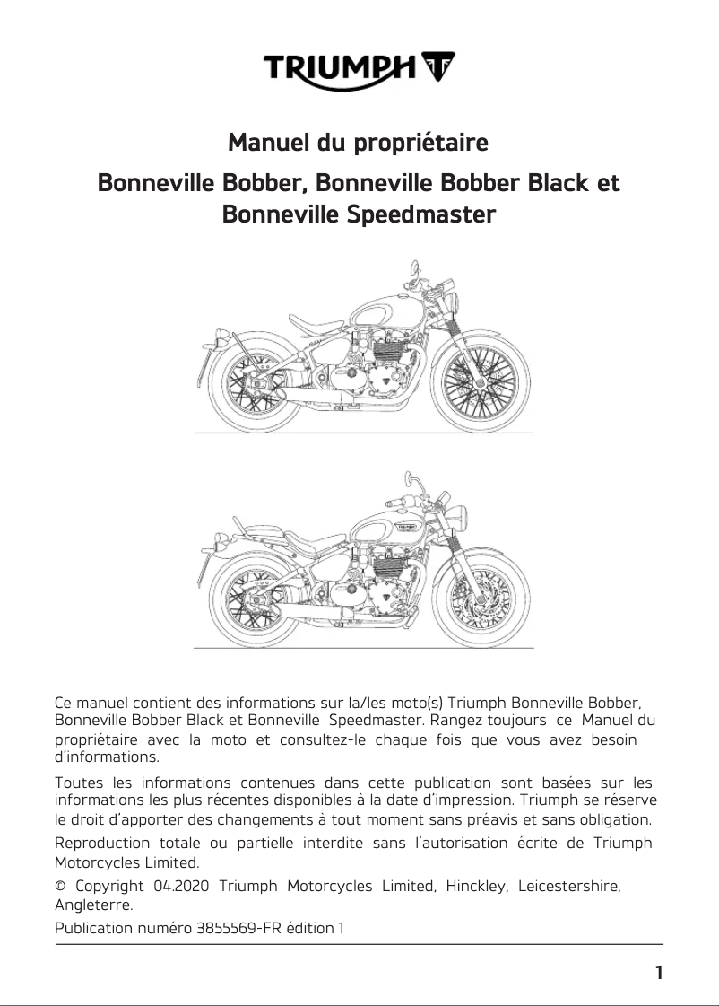 Image de la première page du manuel de l'appareil Bonneville Bobber (2018)