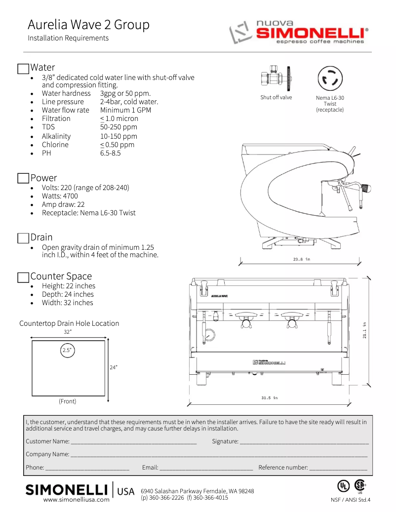 Page 1 de la notice Fiche technique Nuova Simonelli Aurelia Wave