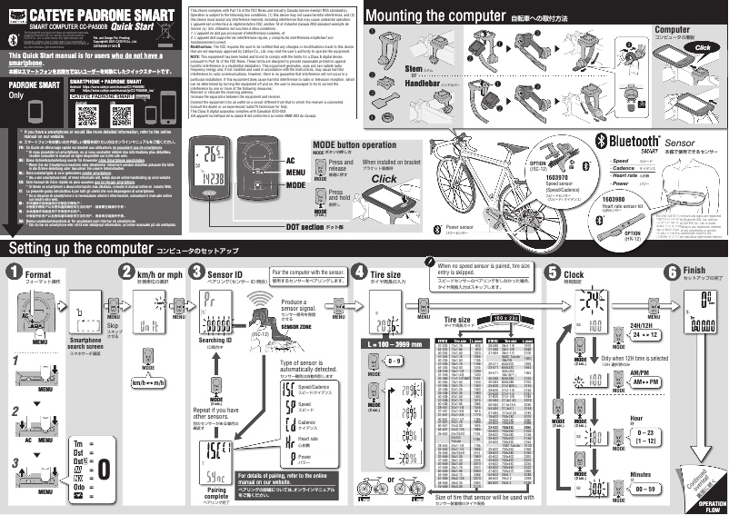 Page 1 de la notice Guide de démarrage rapide Cateye Padrone Smart CC-PA500B