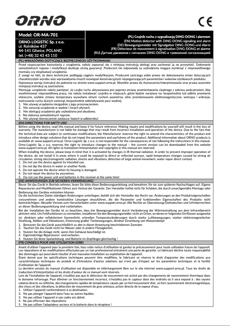 Page 1 de la notice Manuel utilisateur ORNO OR-MA-701