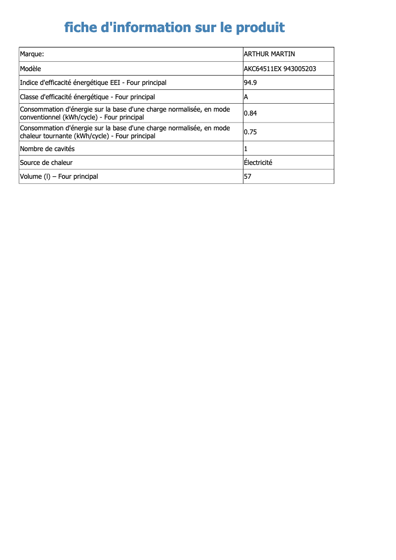 Page 1 de la notice Fiche technique Electrolux AKC64511EX