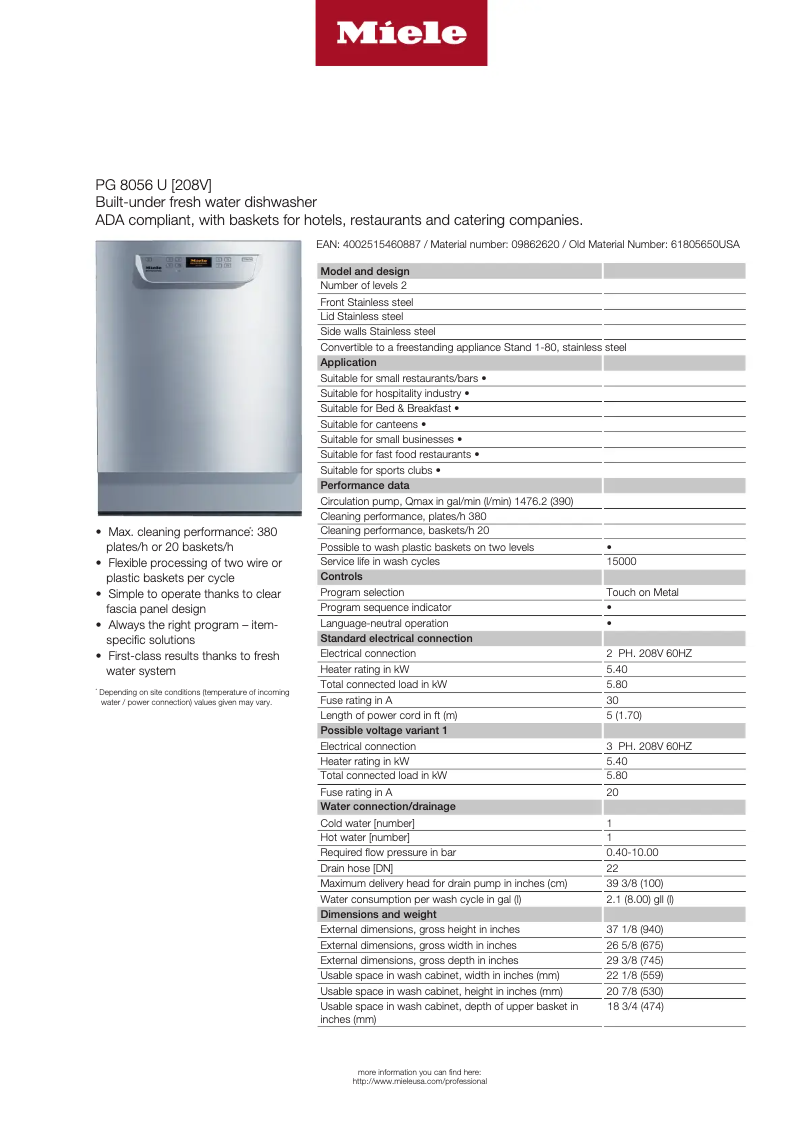 Page 1 de la notice Fiche technique Miele PG 8056 U