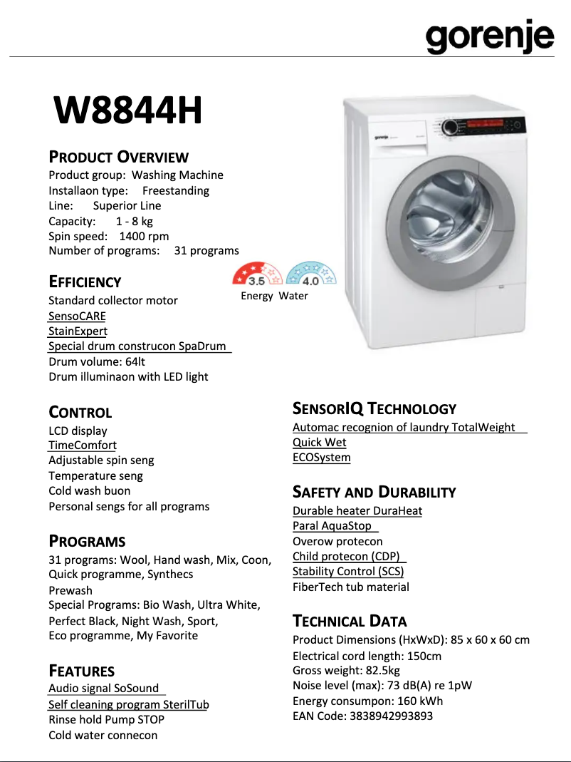 Page n°1 - Fiche technique Gorenje W8844H
