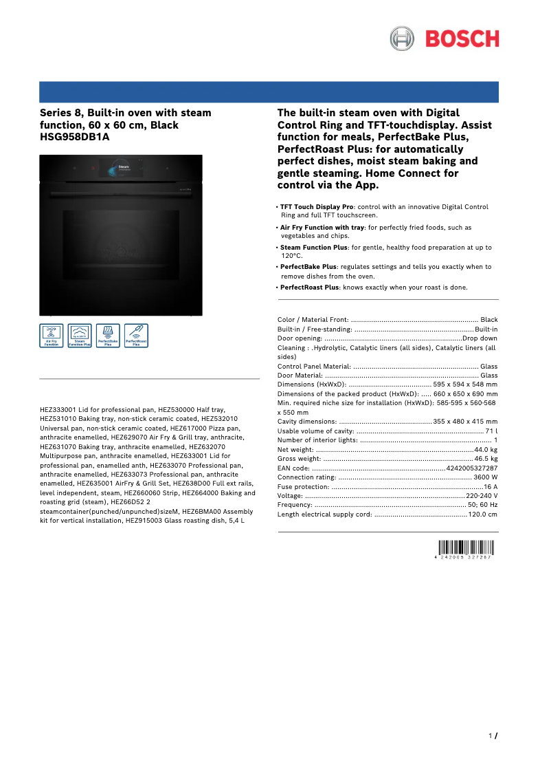 Page 1 de la notice Fiche technique Bosch HNG978QB1