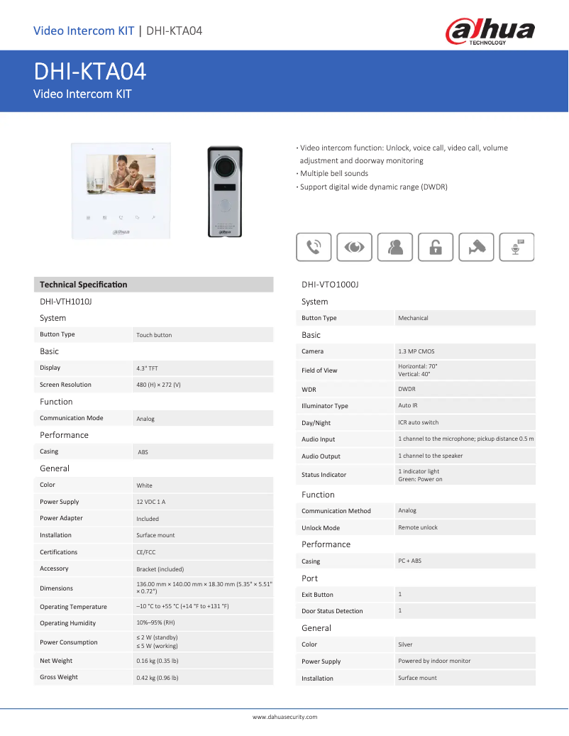 Page 1 de la notice Fiche technique Dahua Technology KTA04