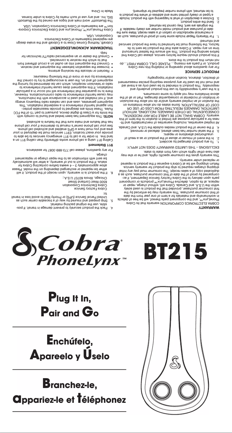 Page n°1 - Manuel utilisateur Cobra PhoneLynx BT215