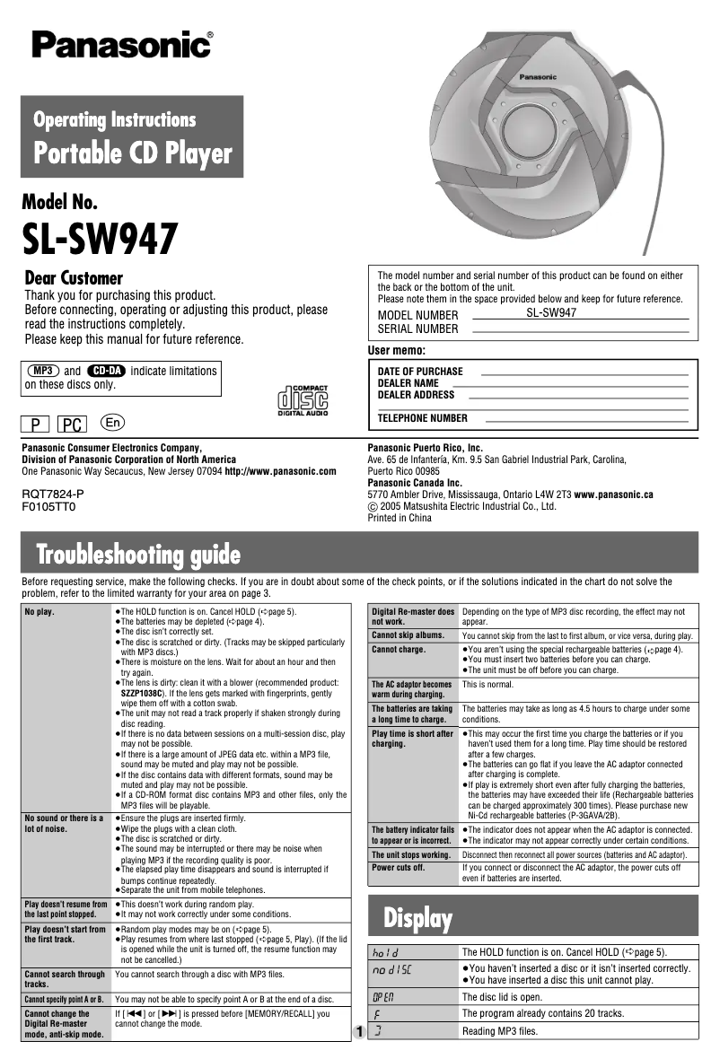 Page 1 de la notice Manuel utilisateur Panasonic SL-SW947