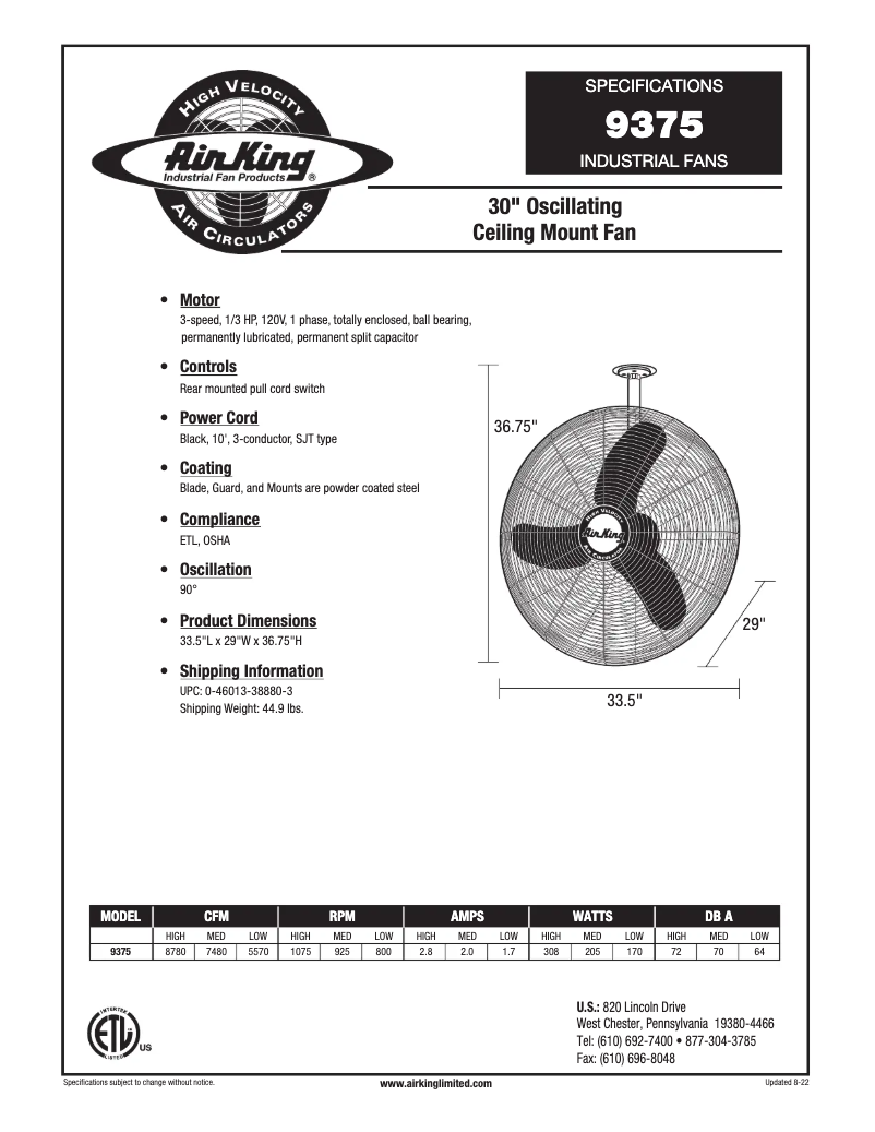 Page 1 de la notice Fiche technique Air King 9375