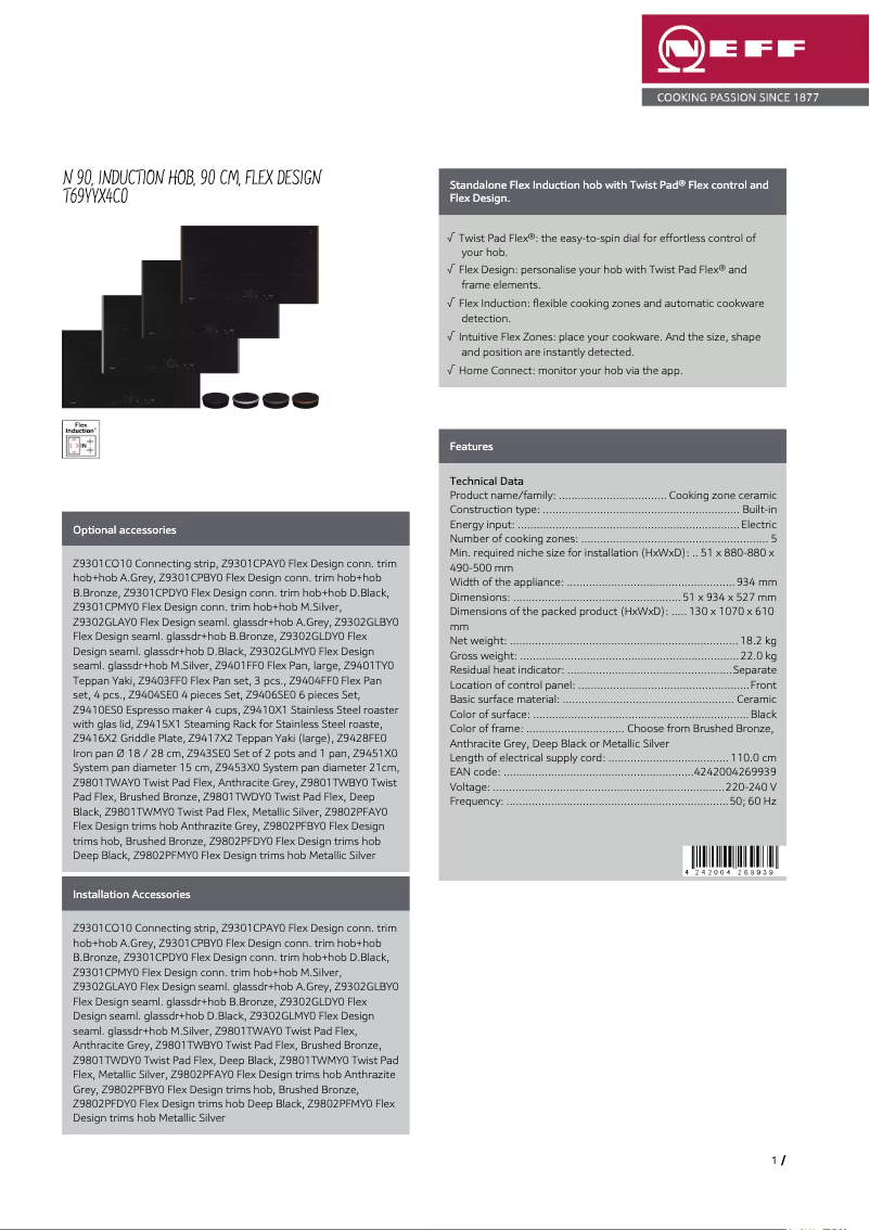 Page n°1 - Fiche technique Neff T69YYX4C0