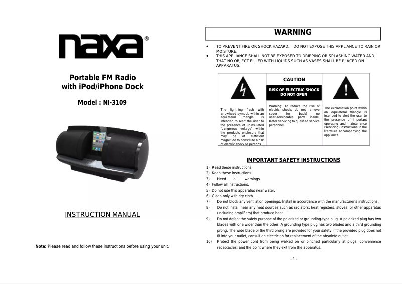 Page 1 of the manual User Manual Naxa NI-3109