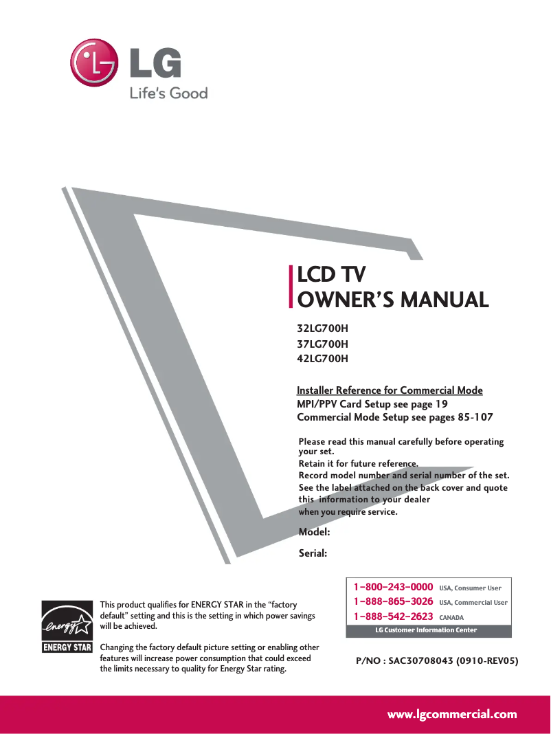 Page n°1 - Manuel utilisateur LG 37LG700H