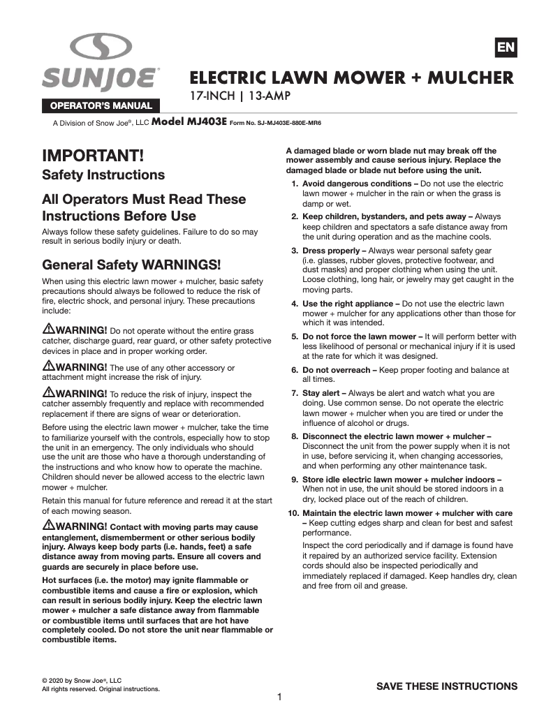 Page 1 de la notice Manuel utilisateur Sun Joe TRJ608E