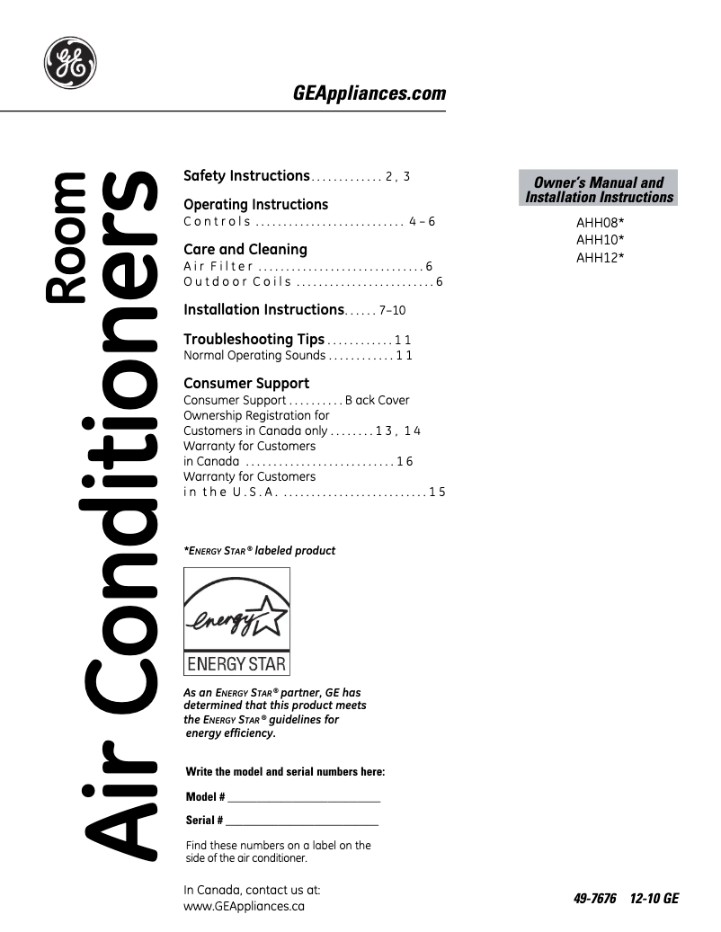 Page 1 de la notice Manuel utilisateur GE AHH08LP