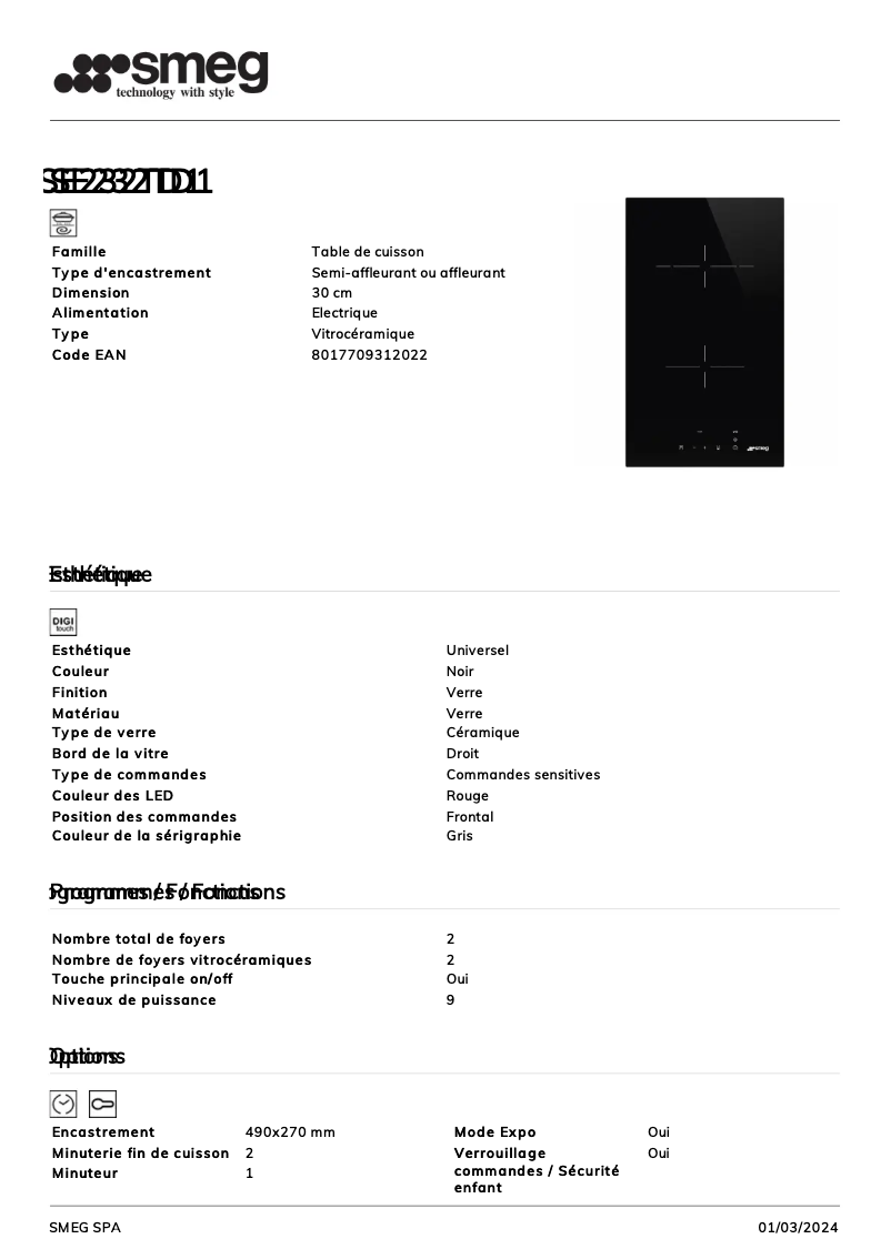 Page 1 de la notice Fiche technique Smeg SE232TD1