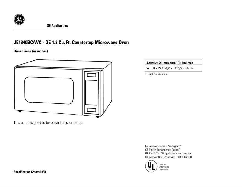 Page 1 de la notice Fiche technique GE JE1340WC