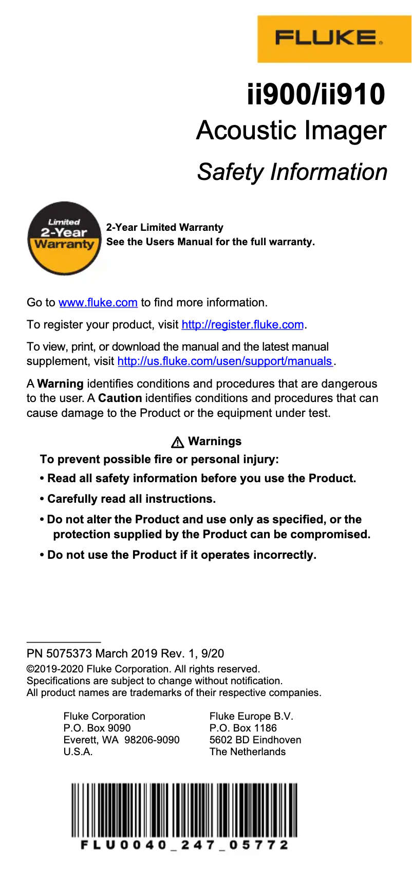 Page n°1 - Instructions de sécurité Fluke ii900