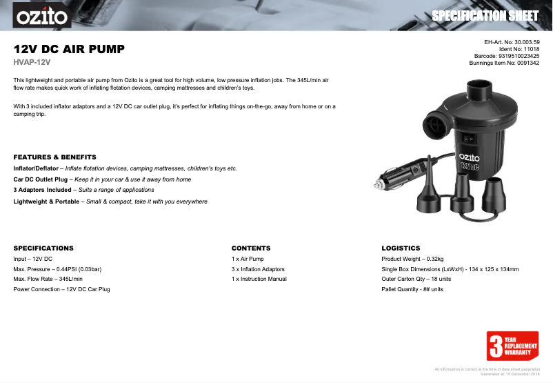 Page 1 de la notice Fiche technique Ozito HVAP-12V