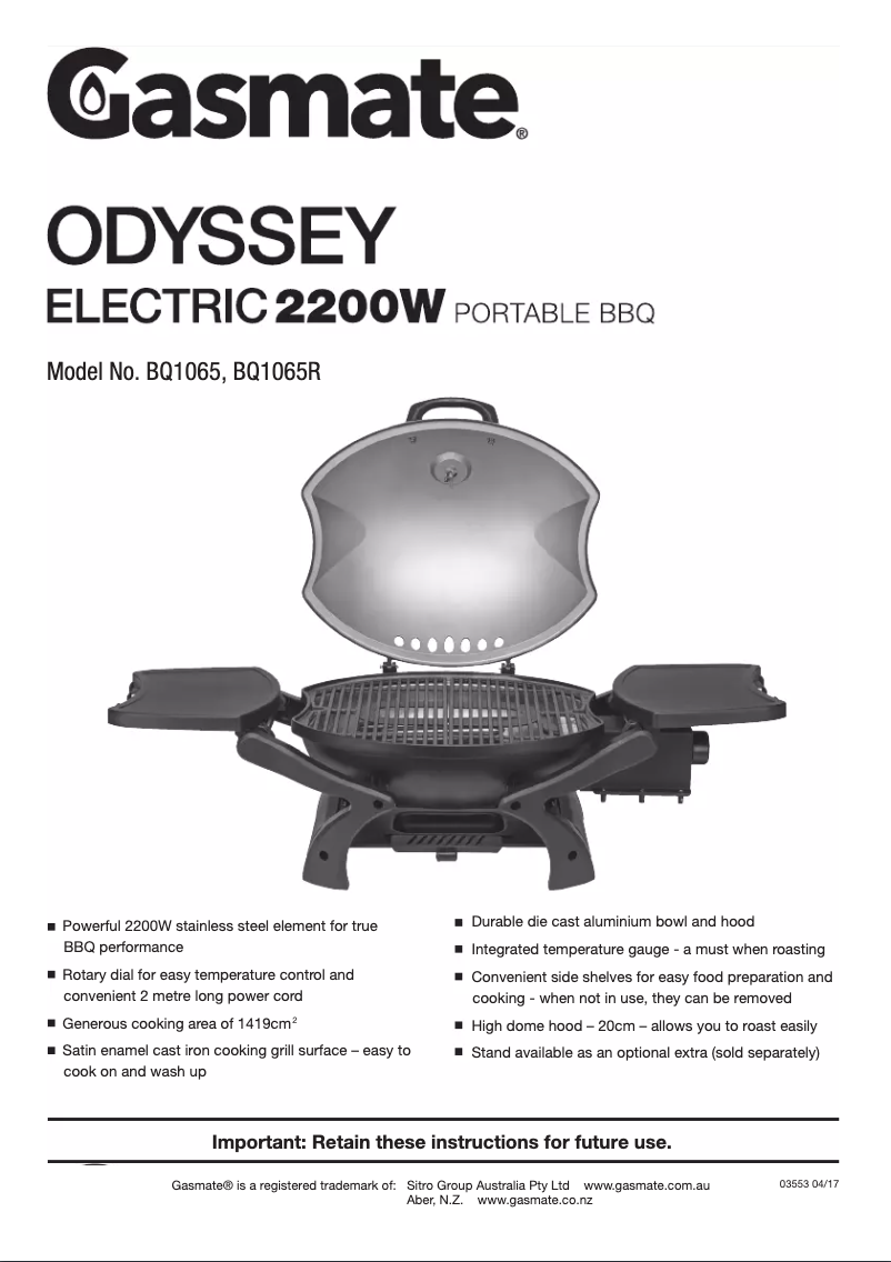 Page n°1 - Manuel utilisateur Gasmate Odyssey BQ1065