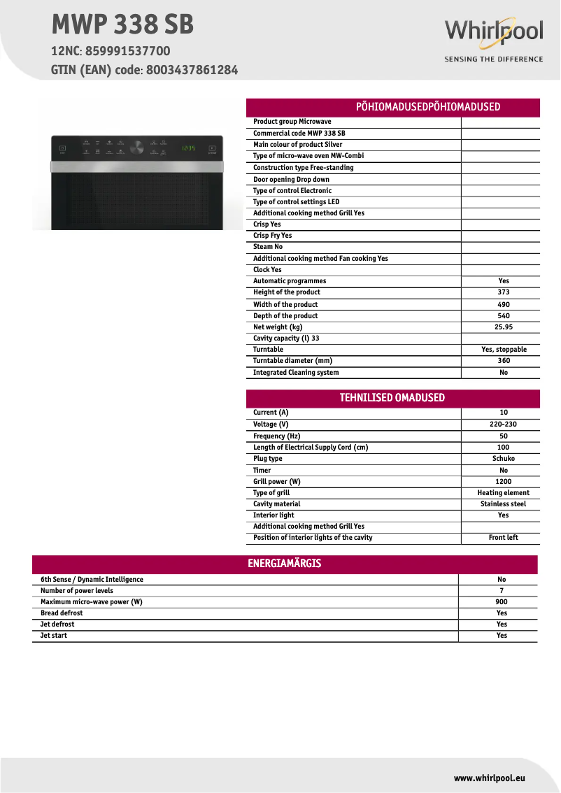 Page 1 de la notice Fiche technique Whirlpool Supreme Chef MWP 338
