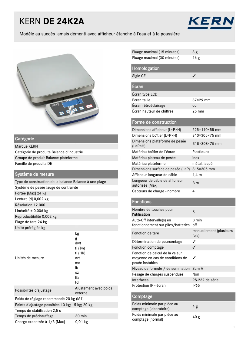 Página 1 del manual Ficha técnica Kern DE 24K2A