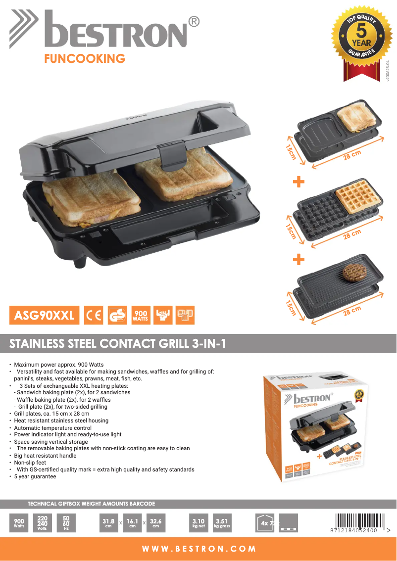 Page 1 de la notice Fiche technique Bestron ASG90XXL