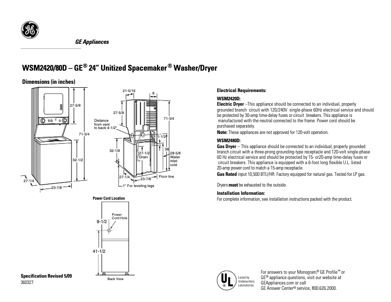 Page n°1 - Fiche technique GE WSM2420DWW