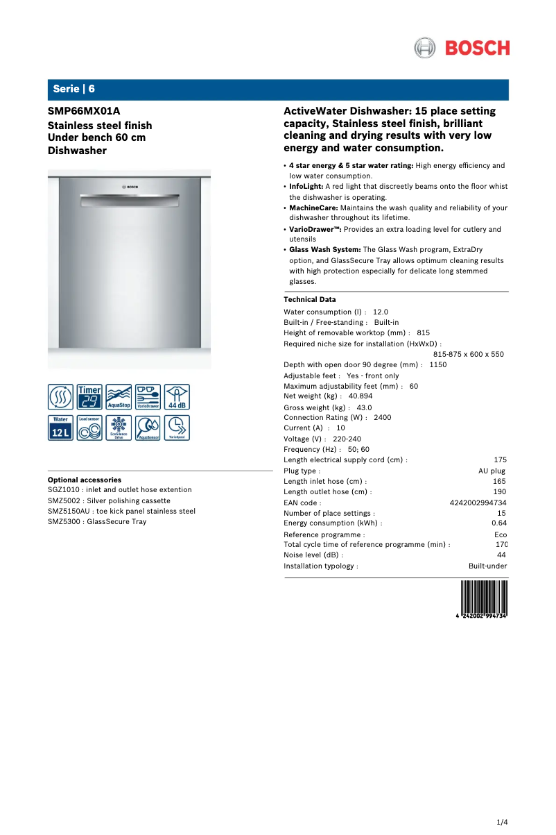 Page n°1 - Fiche technique Bosch SMP66MX01A