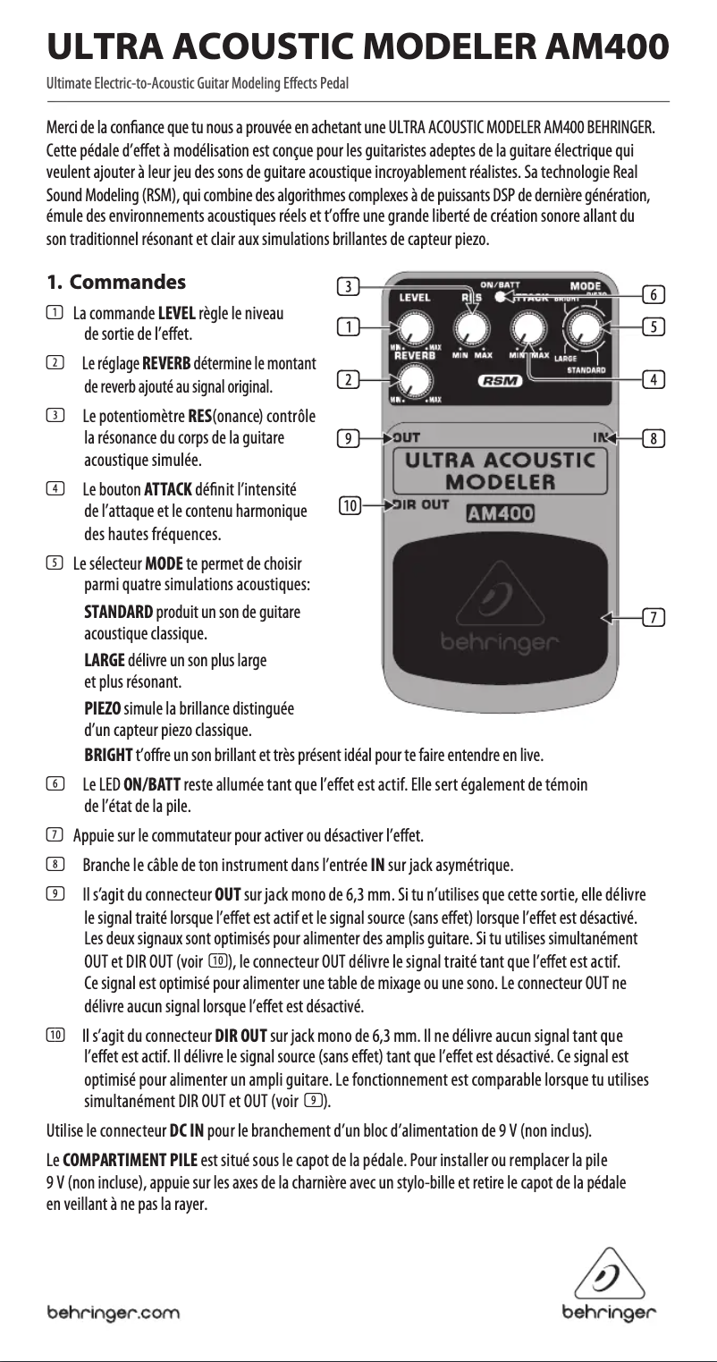 Page 1 de la notice Manuel utilisateur Behringer Ultra Acoustic Modeler AM400