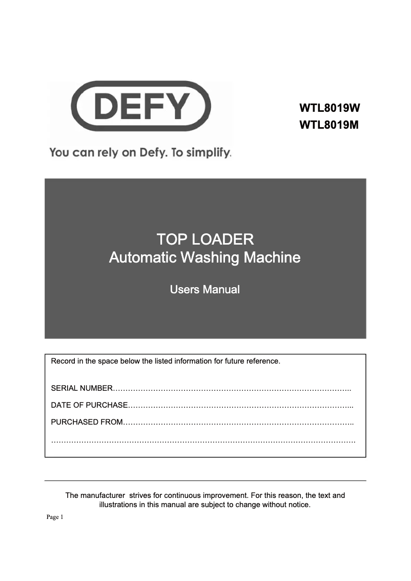 Page 1 de la notice Manuel utilisateur Defy WTL 8019 W