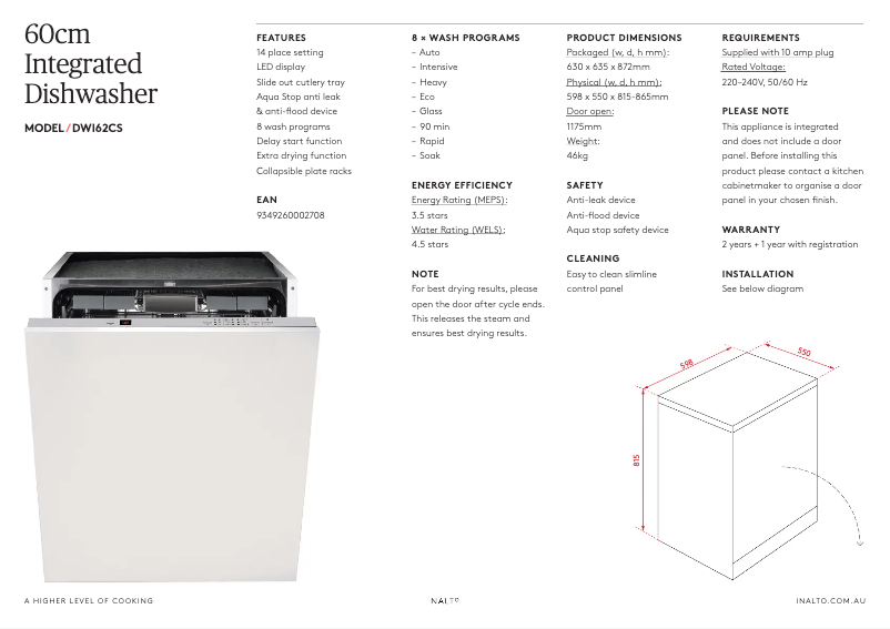 Page 1 de la notice Fiche technique InAlto DWI62CS