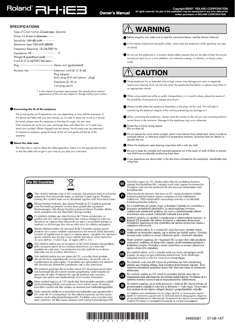 Page 1 de la notice Manuel utilisateur Roland RH-iE3